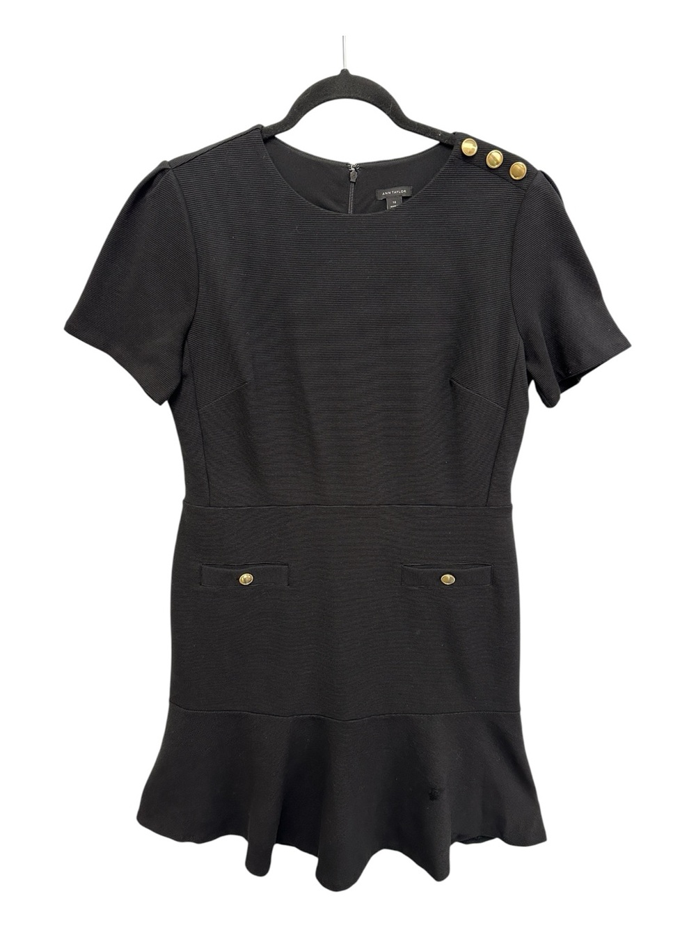 Ann Taylor black short sleeve flounce mini dress gold tone buttons Size 10